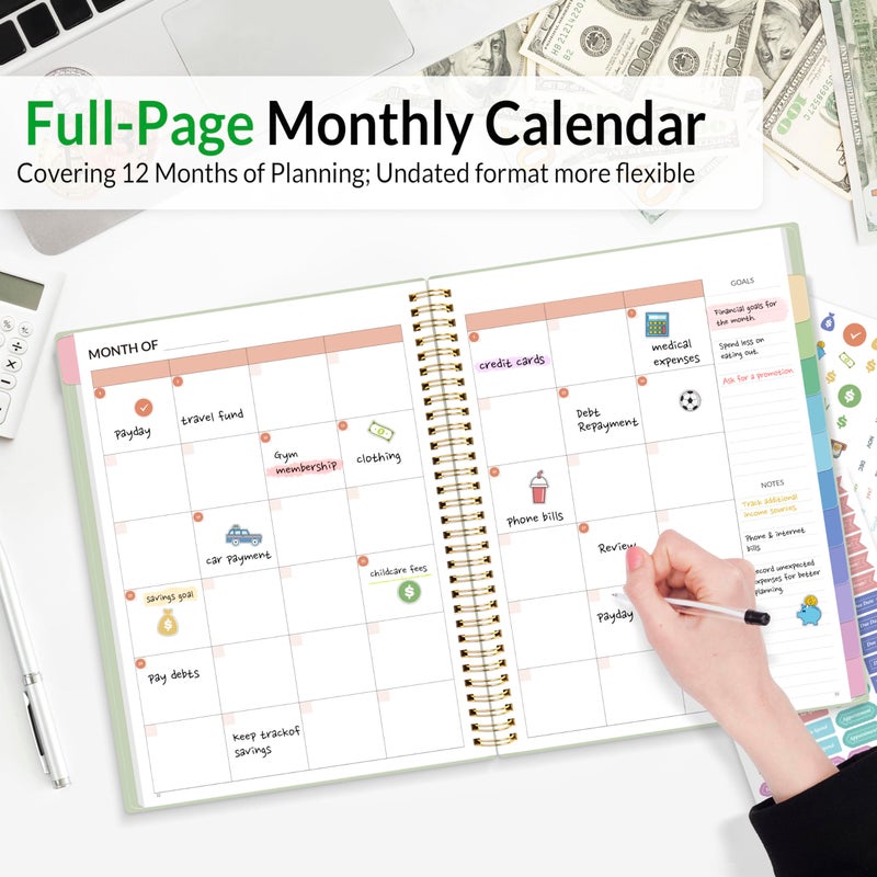 SUNEE Budget Planner - Monthly Budget Book with Expense Tracker Notebook, A4(8.5"" x 11"") Undated 12 Month Bill Organizer & Finance Planner to Manage Your Money, Account Book with Colorful Tab, Green - Image 2